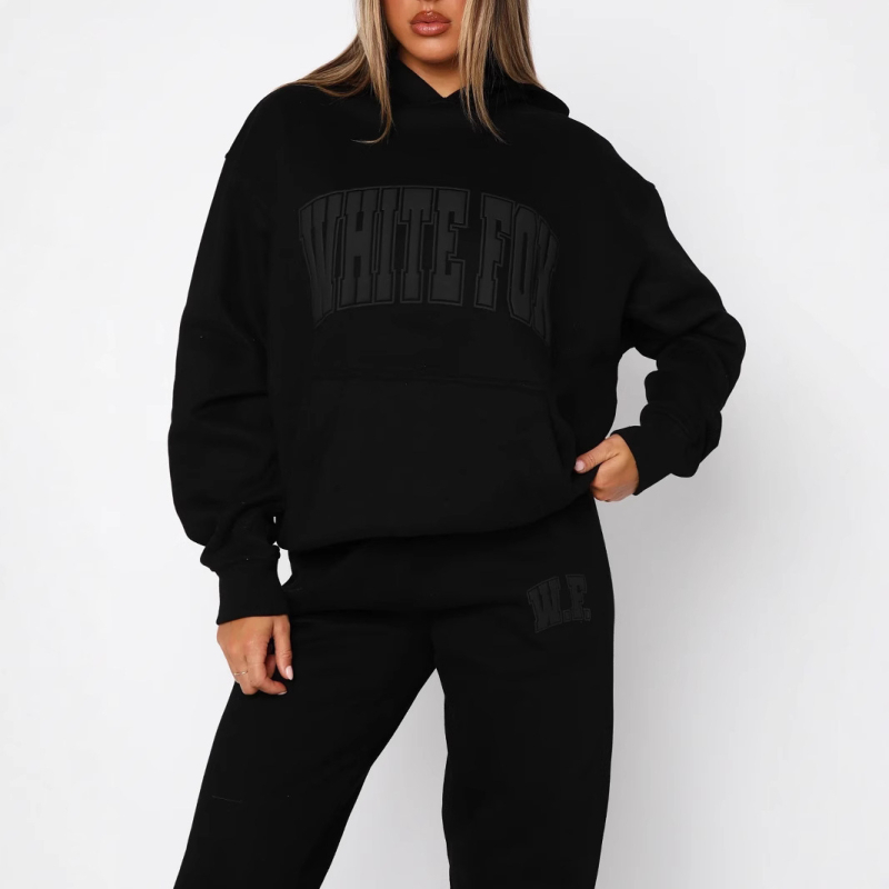 Ženski dvodijelni set s kapuljačom i hlačama, tisak s slovima, dugi rukavi, poliester-spandeks materijal, proljeće 2025