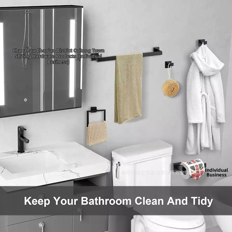 Shuoen 5-частов комплект за баня от неръждаема стомана: стенен държач за хартиена кърпа, държач за кърпи и закачалки; материал: 304 неръждаема стомана; тегло 1280 g; фино полиране; стил: модерен минимализъм