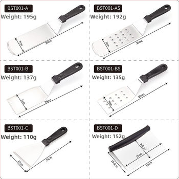 Rozsdamentes acél teppanyaki spatula készlet kültéri grillsütéshez — modern minimalista design, tartalmaz spatulákat steakhez és palacsintákhoz, testreszabható