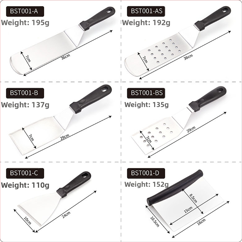 Set teppanyaki špachtlí z nehrdzavejúcej ocele pre vonkajšie grilovanie — moderný minimalistický dizajn, zahŕňa špachtle na steaky a palacinky, prispôsobiteľné