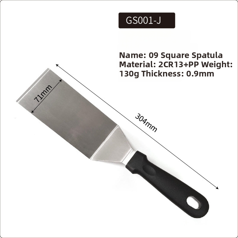 Rozsdamentes acél teppanyaki spatula készlet kültéri grillsütéshez — modern minimalista design, tartalmaz spatulákat steakhez és palacsintákhoz, testreszabható