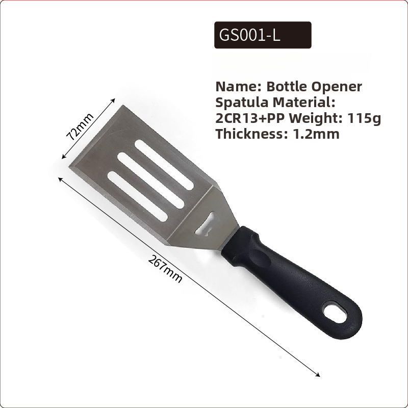 Rozsdamentes acél teppanyaki spatula készlet kültéri grillsütéshez — modern minimalista design, tartalmaz spatulákat steakhez és palacsintákhoz, testreszabható