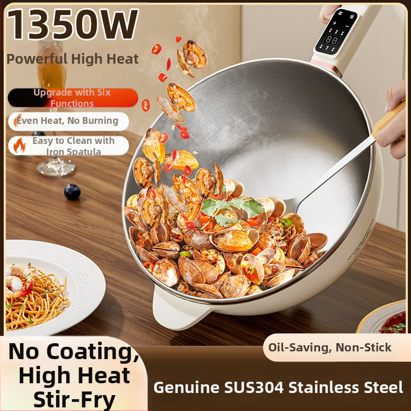 Elektrický wok z 304 nerezovej ocele, bez povlaku, viacfunkčný domáci hrniec — parenie, opekanie, varenie, 4–5 L, 1000–1200 W, dotykové ovládanie
