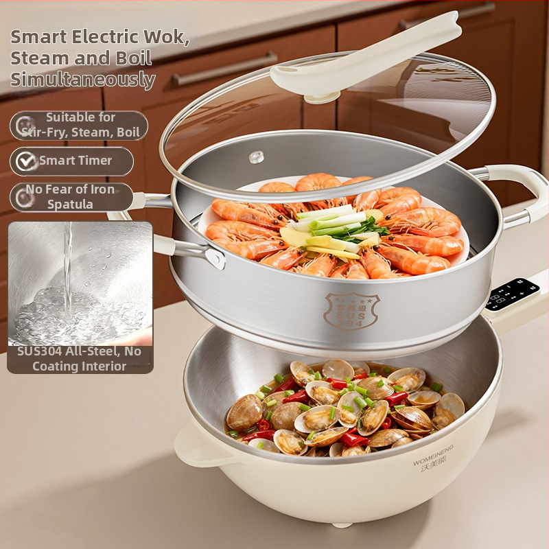Elektrický wok z 304 nerezovej ocele, bez povlaku, viacfunkčný domáci hrniec — parenie, opekanie, varenie, 4–5 L, 1000–1200 W, dotykové ovládanie