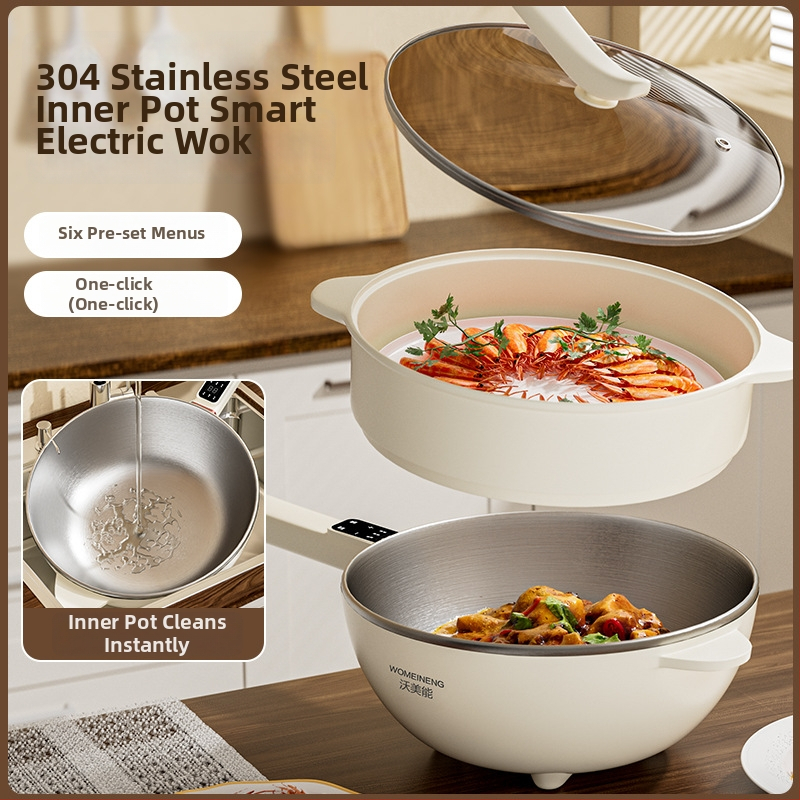 Elektrický wok z 304 nerezovej ocele, bez povlaku, viacfunkčný domáci hrniec — parenie, opekanie, varenie, 4–5 L, 1000–1200 W, dotykové ovládanie