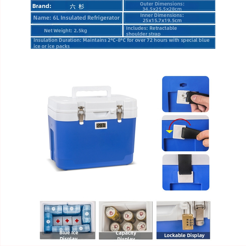 Six Fir cooler medical portabil pentru insulină, medicamente și lapte matern; izolație PU cu șase fețe; temperatură minimă de refrigerare 1°C