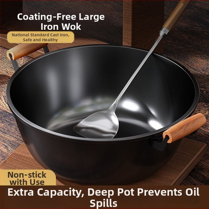 Litinový wok s hlbokými stranami, dvojitým úchytom, bez povlaku, skleneným viečkom, kompatibilný so všetkými typmi platní