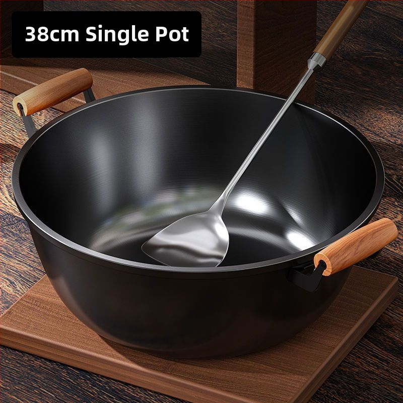 Litinový wok s hlbokými stranami, dvojitým úchytom, bez povlaku, skleneným viečkom, kompatibilný so všetkými typmi platní