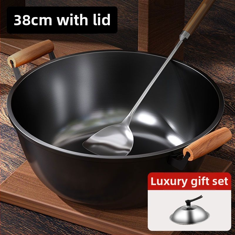 Litinový wok s hlbokými stranami, dvojitým úchytom, bez povlaku, skleneným viečkom, kompatibilný so všetkými typmi platní