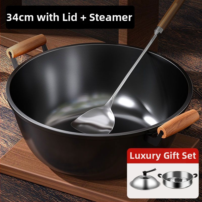 Litinový wok s hlbokými stranami, dvojitým úchytom, bez povlaku, skleneným viečkom, kompatibilný so všetkými typmi platní