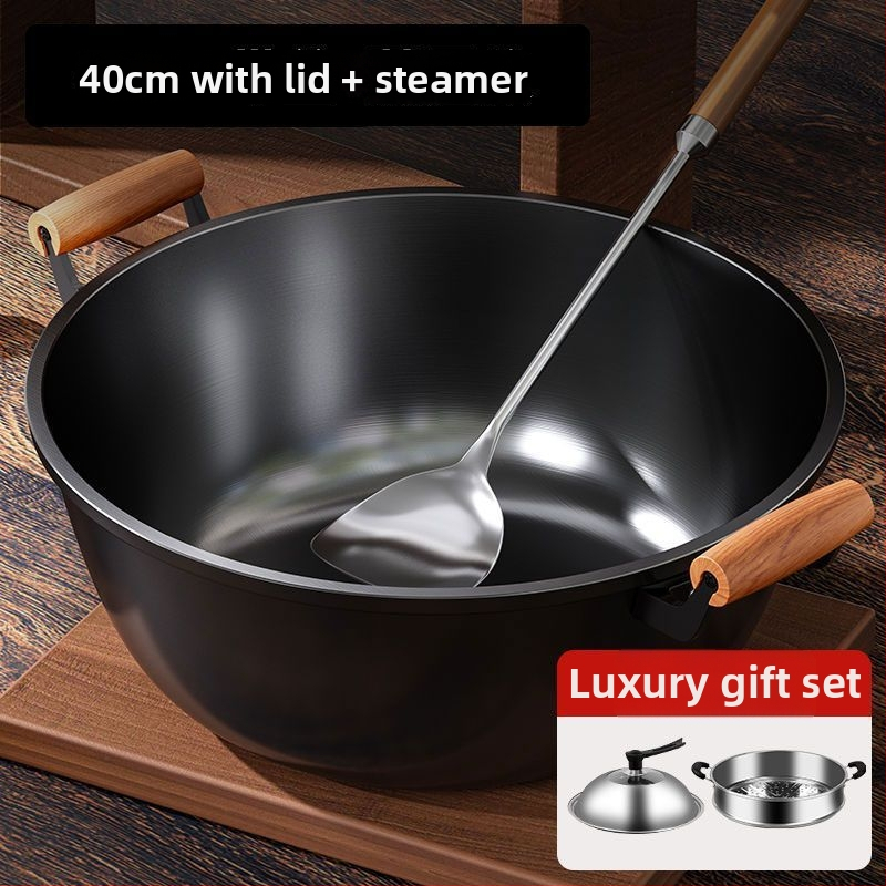 Litinový wok s hlbokými stranami, dvojitým úchytom, bez povlaku, skleneným viečkom, kompatibilný so všetkými typmi platní