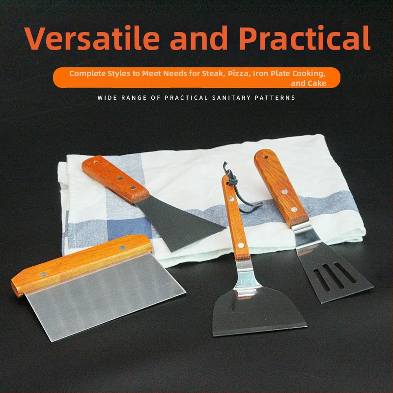 Sada teppanyaki špachtľí s drevenou rúčkou, nerezová oceľ – vysokoteplotná odolnosť, proti popáleniu, obsahuje špachtu na steak a grilovaciu špachtľu