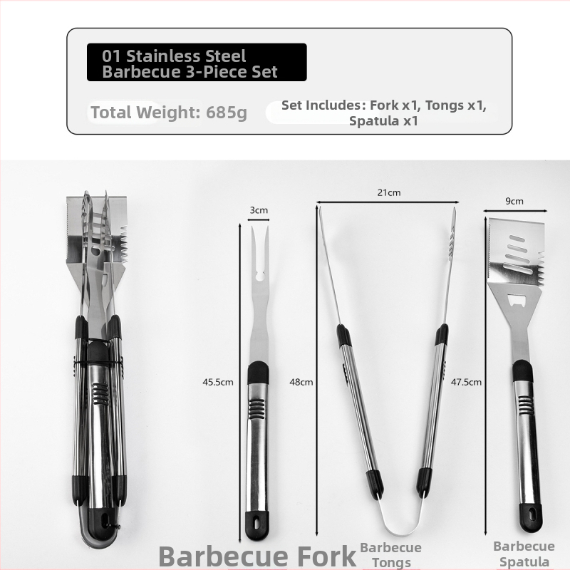 Nerezová oceľová grilovacia sada, 3-dielna, obsahuje vidličku, špachtľu a klip