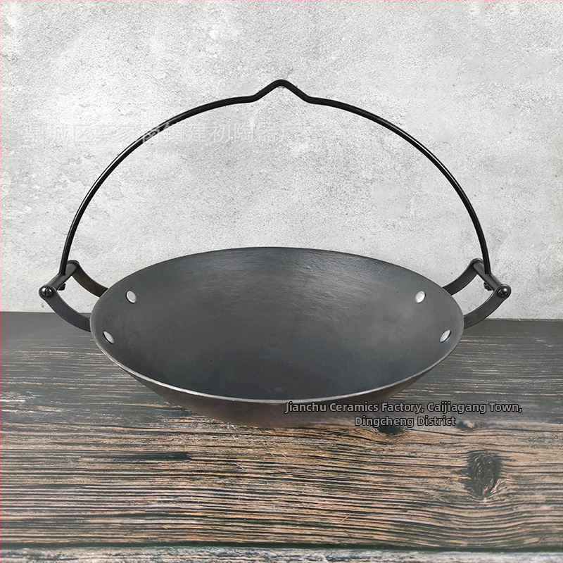Tradičný visiaci litinový hrniec na dusenie – čínskeho štýlu, bez povlaku, jednopodlažné dno, kompatibilný s plynovou platňou