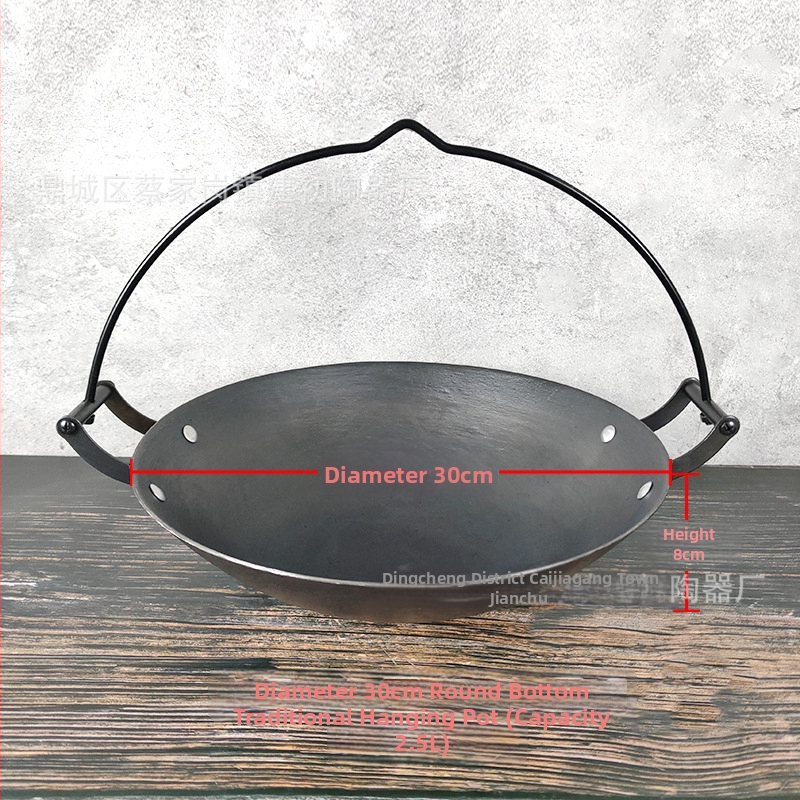 Tradičný visiaci litinový hrniec na dusenie – čínskeho štýlu, bez povlaku, jednopodlažné dno, kompatibilný s plynovou platňou