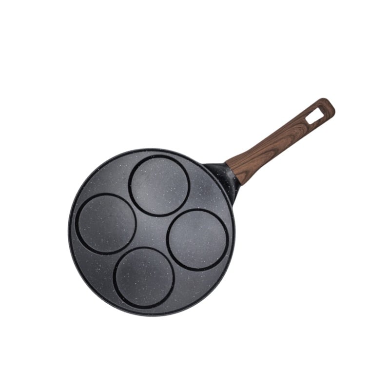 Τηγάνι – αντικολλητική επίστρωση; σώμα από κράμα αλουμινίου με κάτω από 430 ανοξείδωτο χάλυβα; διπλός πυθμένα; συμβατό με επαγωγικό μάτι και φούρνο αερίου