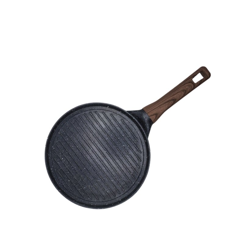 Τηγάνι – αντικολλητική επίστρωση; σώμα από κράμα αλουμινίου με κάτω από 430 ανοξείδωτο χάλυβα; διπλός πυθμένα; συμβατό με επαγωγικό μάτι και φούρνο αερίου