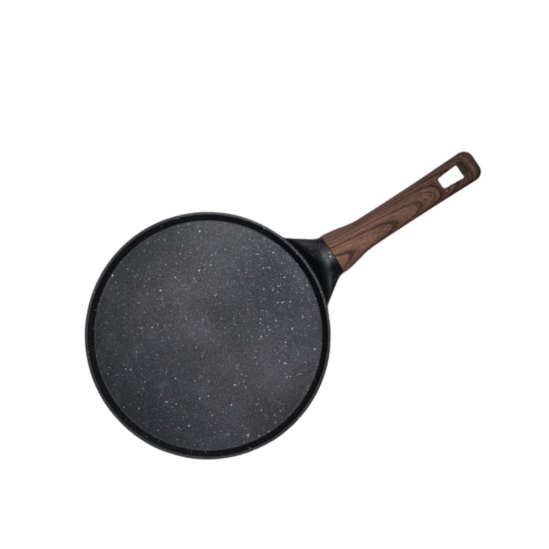 Τηγάνι – αντικολλητική επίστρωση; σώμα από κράμα αλουμινίου με κάτω από 430 ανοξείδωτο χάλυβα; διπλός πυθμένα; συμβατό με επαγωγικό μάτι και φούρνο αερίου