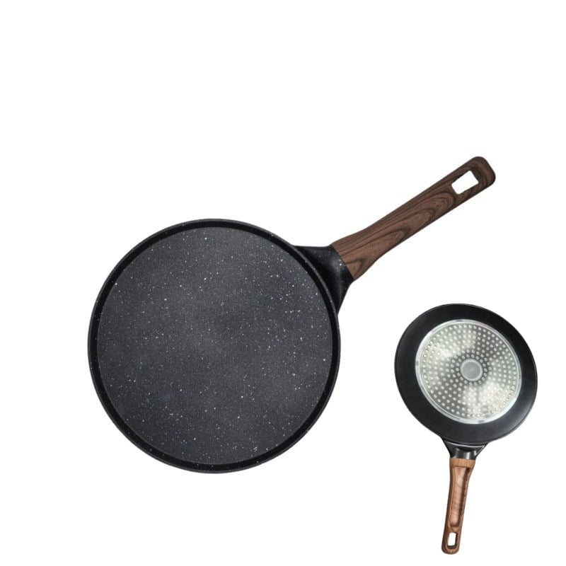 Τηγάνι – αντικολλητική επίστρωση; σώμα από κράμα αλουμινίου με κάτω από 430 ανοξείδωτο χάλυβα; διπλός πυθμένα; συμβατό με επαγωγικό μάτι και φούρνο αερίου