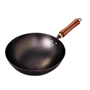 Ručni wok od nitridiranog željeza s čekićanom teksturom, dvostrukim dnom i staklenom poklopcem, model Tq-cs-009