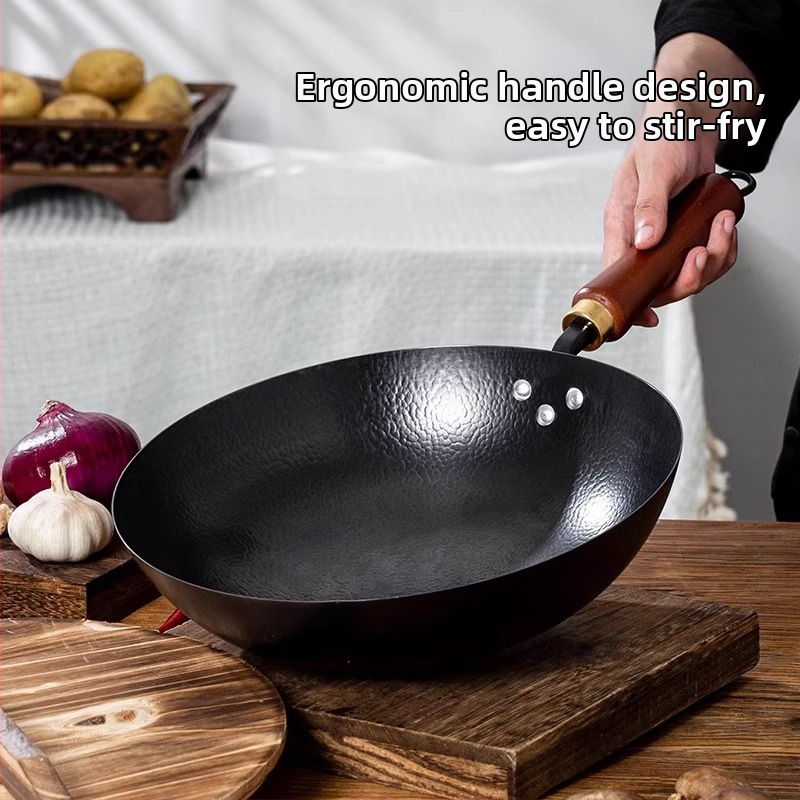 Ručni wok od nitridiranog željeza s čekićanom teksturom, dvostrukim dnom i staklenom poklopcem, model Tq-cs-009