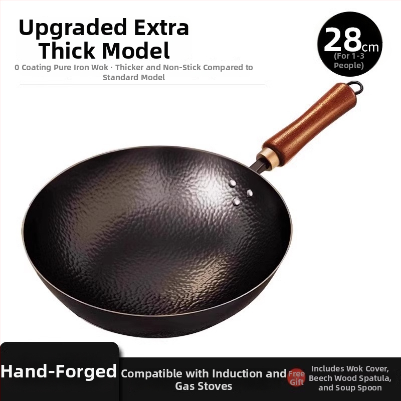 Ručni wok od nitridiranog željeza s čekićanom teksturom, dvostrukim dnom i staklenom poklopcem, model Tq-cs-009