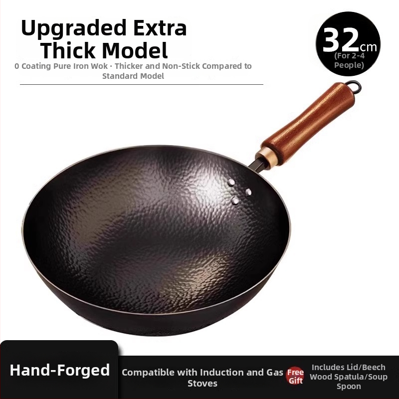 Ručni wok od nitridiranog željeza s čekićanom teksturom, dvostrukim dnom i staklenom poklopcem, model Tq-cs-009