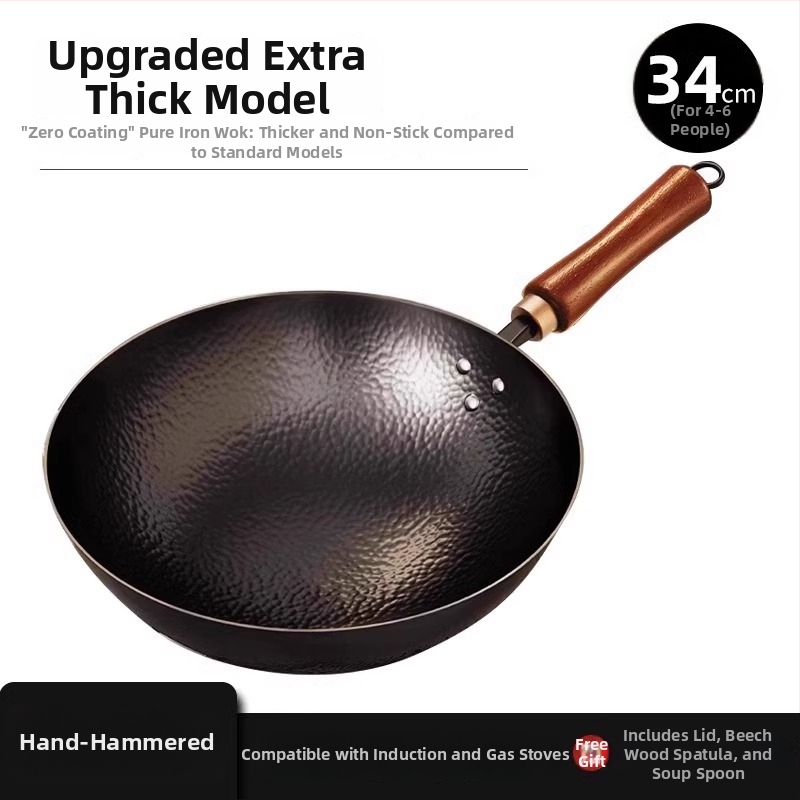 Ručni wok od nitridiranog željeza s čekićanom teksturom, dvostrukim dnom i staklenom poklopcem, model Tq-cs-009