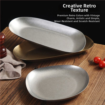 Plochý tanier z 304 nerezovej ocele, retro štýl, matný povrch, vhodný do mikrovlnnej rúry.