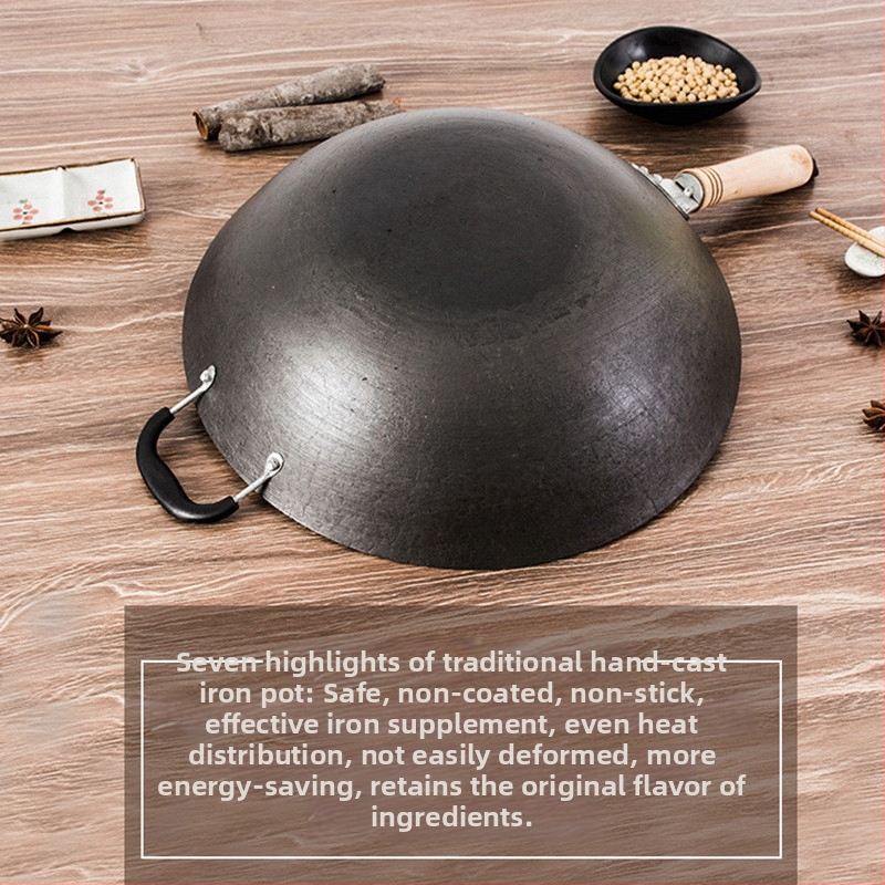 Wok z liatiny, bez povlaku, guľatý dno, kompatibilný s indukciou