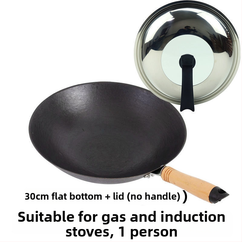 Wok z liatiny, bez povlaku, guľatý dno, kompatibilný s indukciou