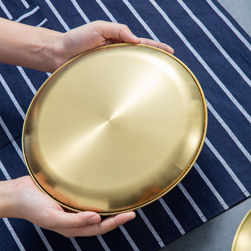 Плитък кръгъл съд от неръждаема стомана 201, полирана повърхност, за ресторанти и кетъринг, възможност за печат на лого