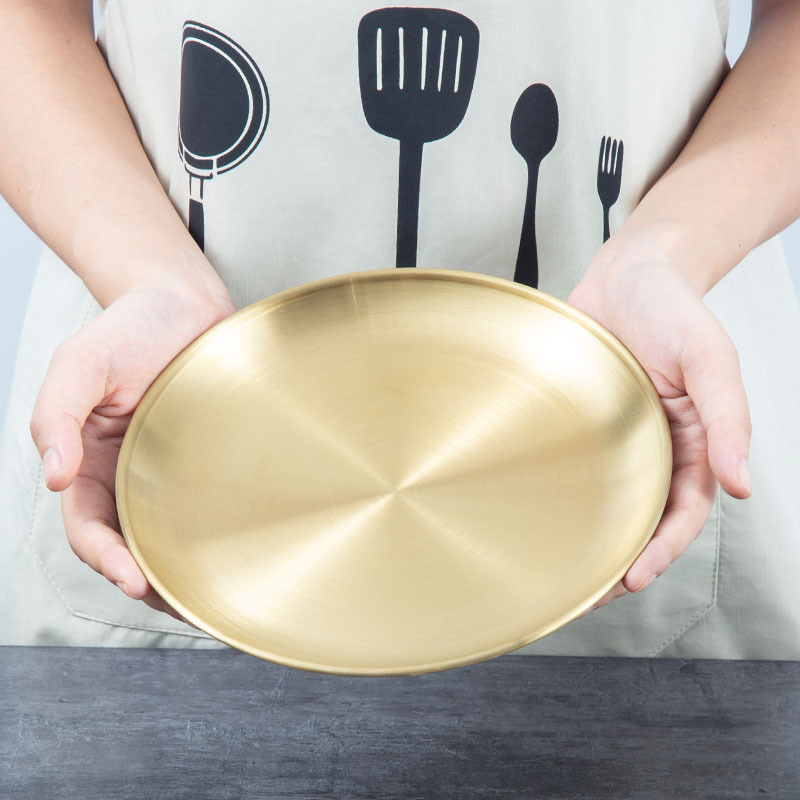 Плитък кръгъл съд от неръждаема стомана 201, полирана повърхност, за ресторанти и кетъринг, възможност за печат на лого