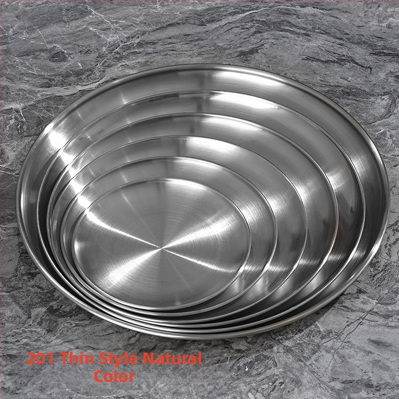 Plochý tanier z nehrdzavejúcej ocele, guľatý, leštený povrch, pre reštaurácie a catering, možnosť potlače loga