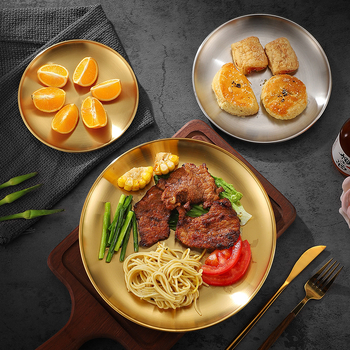 Плоча от неръждаема стомана 304, хранително качество, кръгла чиния за корейско барбекю и стек, електроплатинен финиш, възможност за печат на лого, пусната през 2021 г.