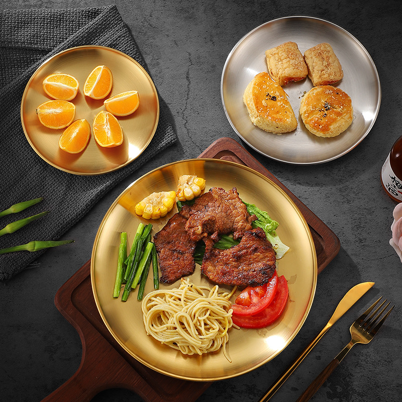 Плоча от неръждаема стомана 304, хранително качество, кръгла чиния за корейско барбекю и стек, електроплатинен финиш, възможност за печат на лого, пусната през 2021 г.