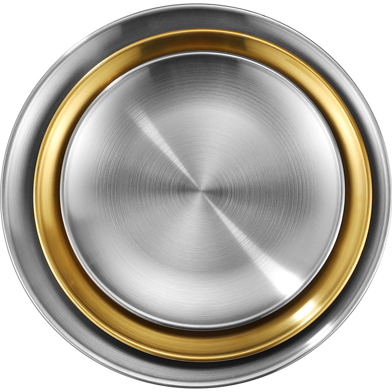 Плоча от неръждаема стомана 304, хранително качество, кръгла чиния за корейско барбекю и стек, електроплатинен финиш, възможност за печат на лого, пусната през 2021 г.