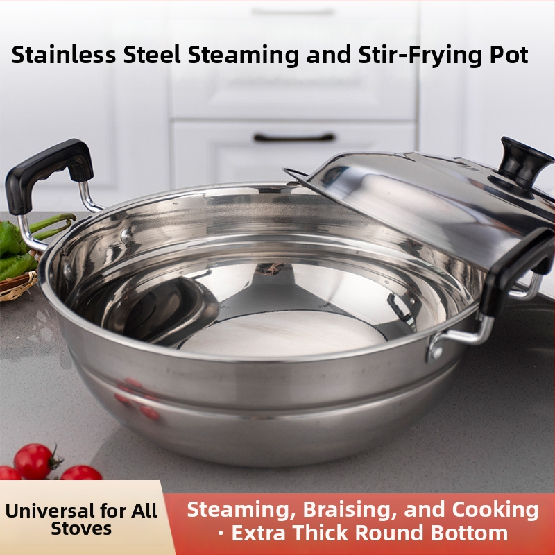 Nerezový wok na parenie a smaženie – dvojúčelový hrniec s jedným dnom, hĺbka 15 cm, nerezový kryt, kompatibilný so všetkými platňami