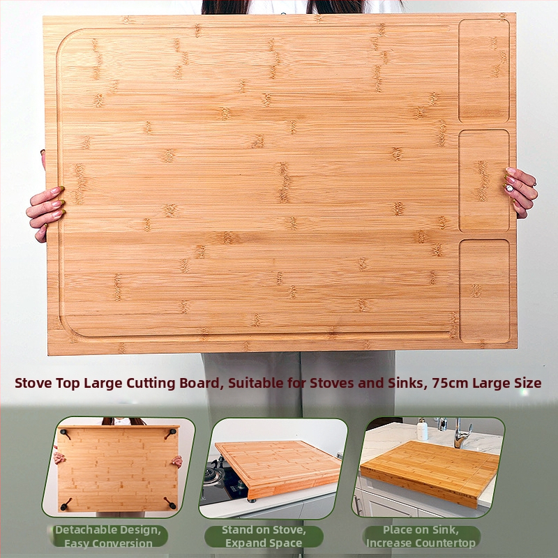 Bambusz vágódeszka tűzhelyfedővel, kétoldalas, konyhai használatra