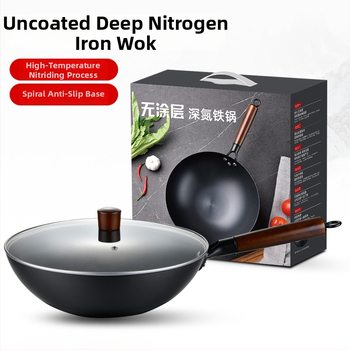 Love mom wok z nitridovaného liatého železa, čínskeho štýlu, guľaté dno, sklenené veko