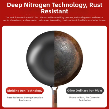 Love mom wok z nitridovaného liatého železa, čínskeho štýlu, guľaté dno, sklenené veko