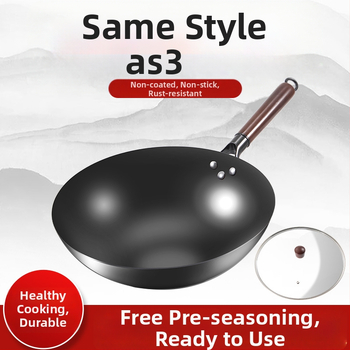 Love mom wok z nitridovaného liatého železa, čínskeho štýlu, guľaté dno, sklenené veko