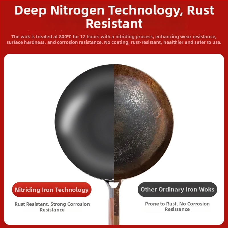Love mom wok z nitridovaného liatého železa, čínskeho štýlu, guľaté dno, sklenené veko