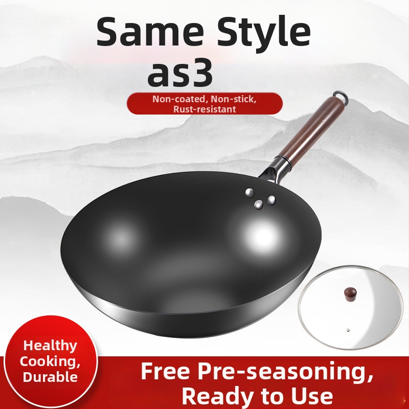 Love mom wok z nitridovaného liatého železa, čínskeho štýlu, guľaté dno, sklenené veko