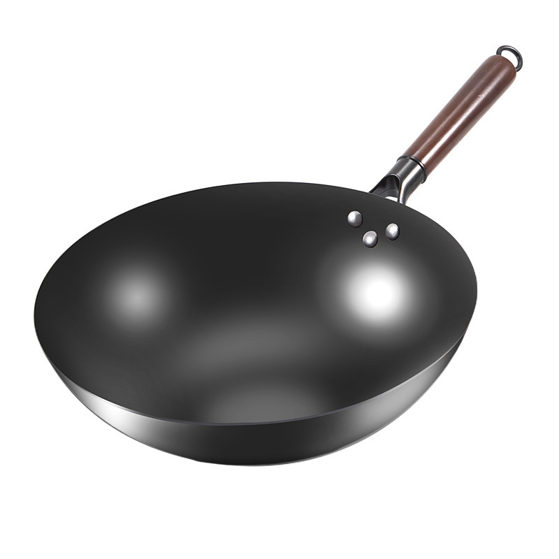 Love mom wok od nitridiranog lijevanog željeza, kineskog stila, okruglo dno, stakleni poklopac