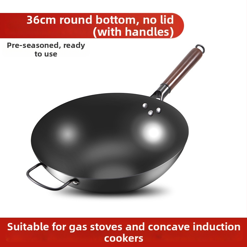 Love mom wok z nitridovaného liatého železa, čínskeho štýlu, guľaté dno, sklenené veko