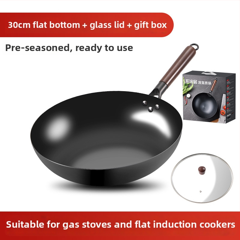 Love mom wok z nitridovaného liatého železa, čínskeho štýlu, guľaté dno, sklenené veko