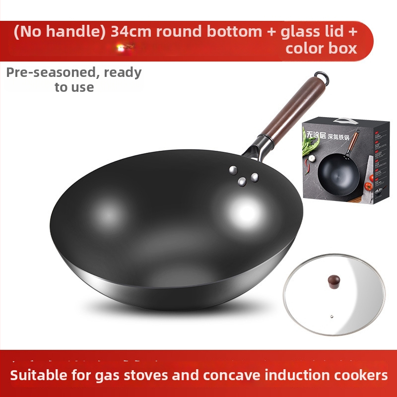 Love mom wok z nitridovaného liatého železa, čínskeho štýlu, guľaté dno, sklenené veko