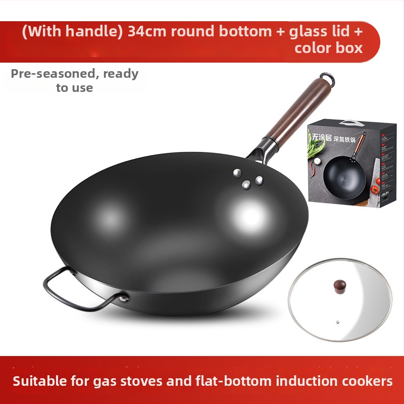 Love mom wok z nitridovaného liatého železa, čínskeho štýlu, guľaté dno, sklenené veko