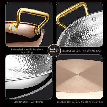 Paella pan 304 nerezovej ocele s dvojitými rúčkami, ploché trojvrstvové dno, kompatibilné s indukciou, hĺbka 4 cm